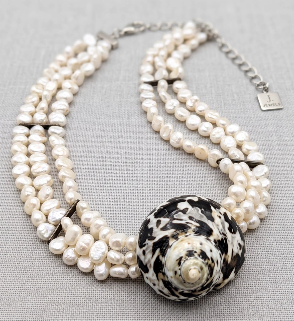 One of a kind Sterling and Pearls handmade focal shell necklace